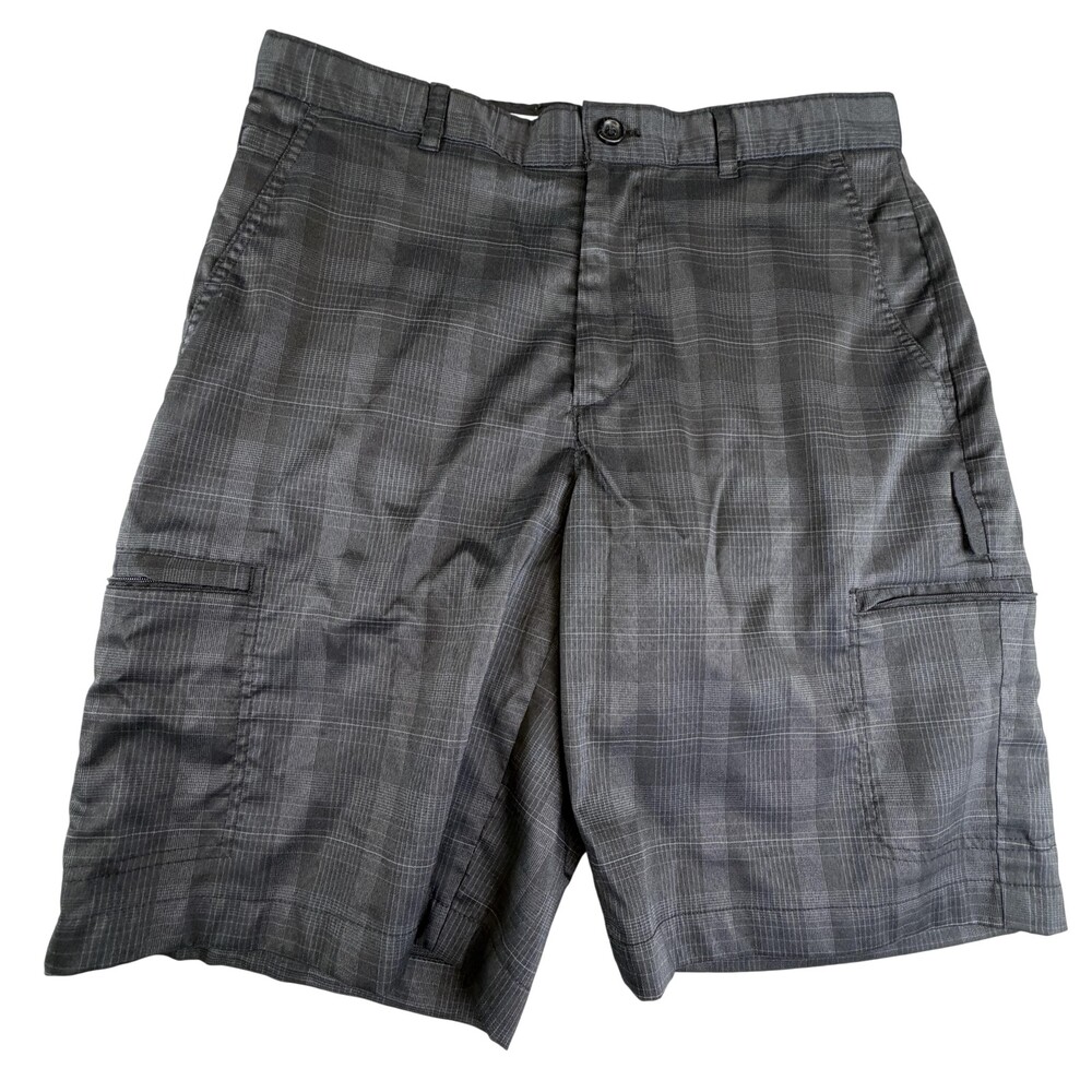Greg Norman Cargo Shorts Mens 34 Gray Plaid Microfiber Stretch Golf 10 Inseam